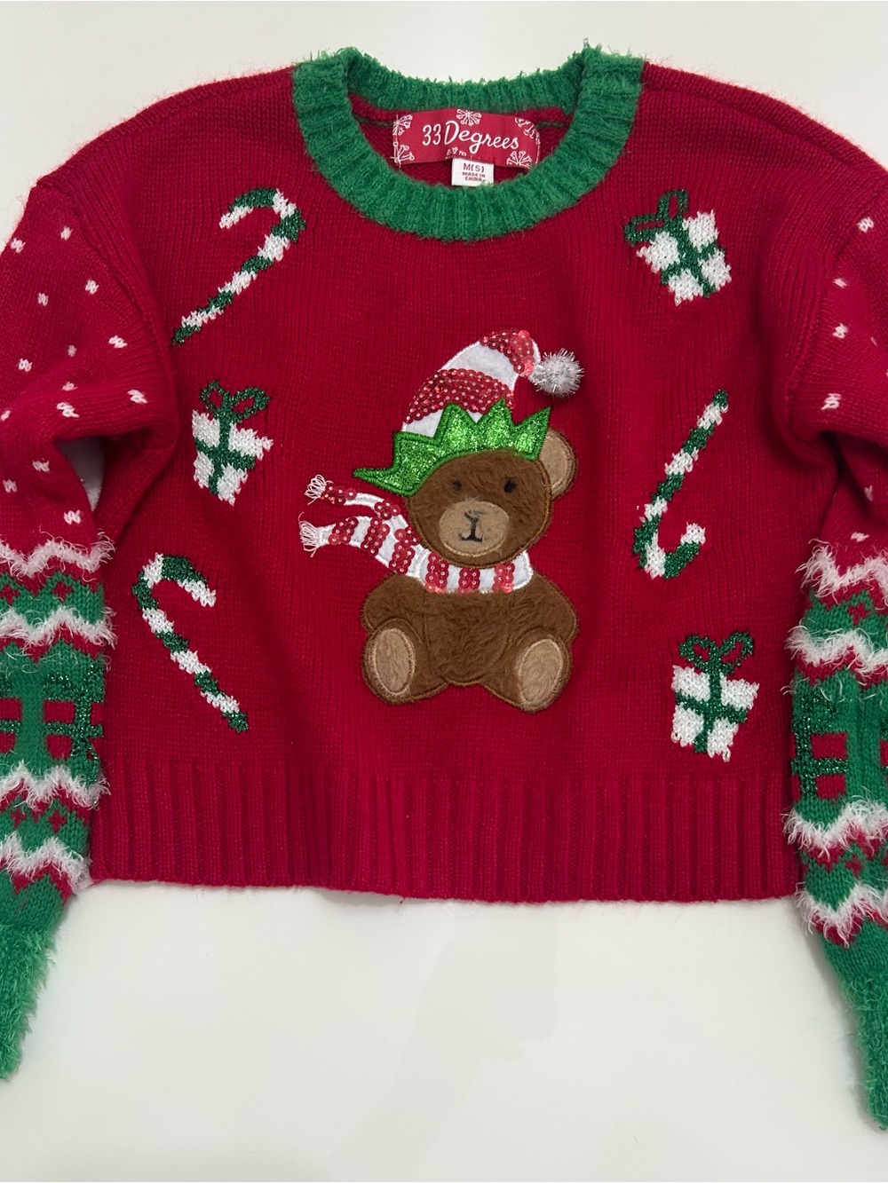 33 Degrees Christmas Teddy Bear Sweater Red Green Holiday M/S